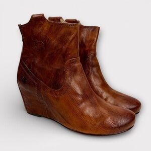 Frye Carson Wedge Ankle Booties Women 9M Brown Leather Boot Western Cowgirl Boho